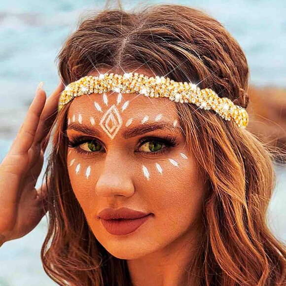 Gold Elastic Rhinestone headbands Sparkly Crystal Headpiece Hair Accessories - Picture 4 of 8